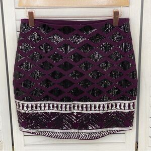 Express Geometric Diamond Print Sequin Bodycon Mini Skirt Purple Black XS
